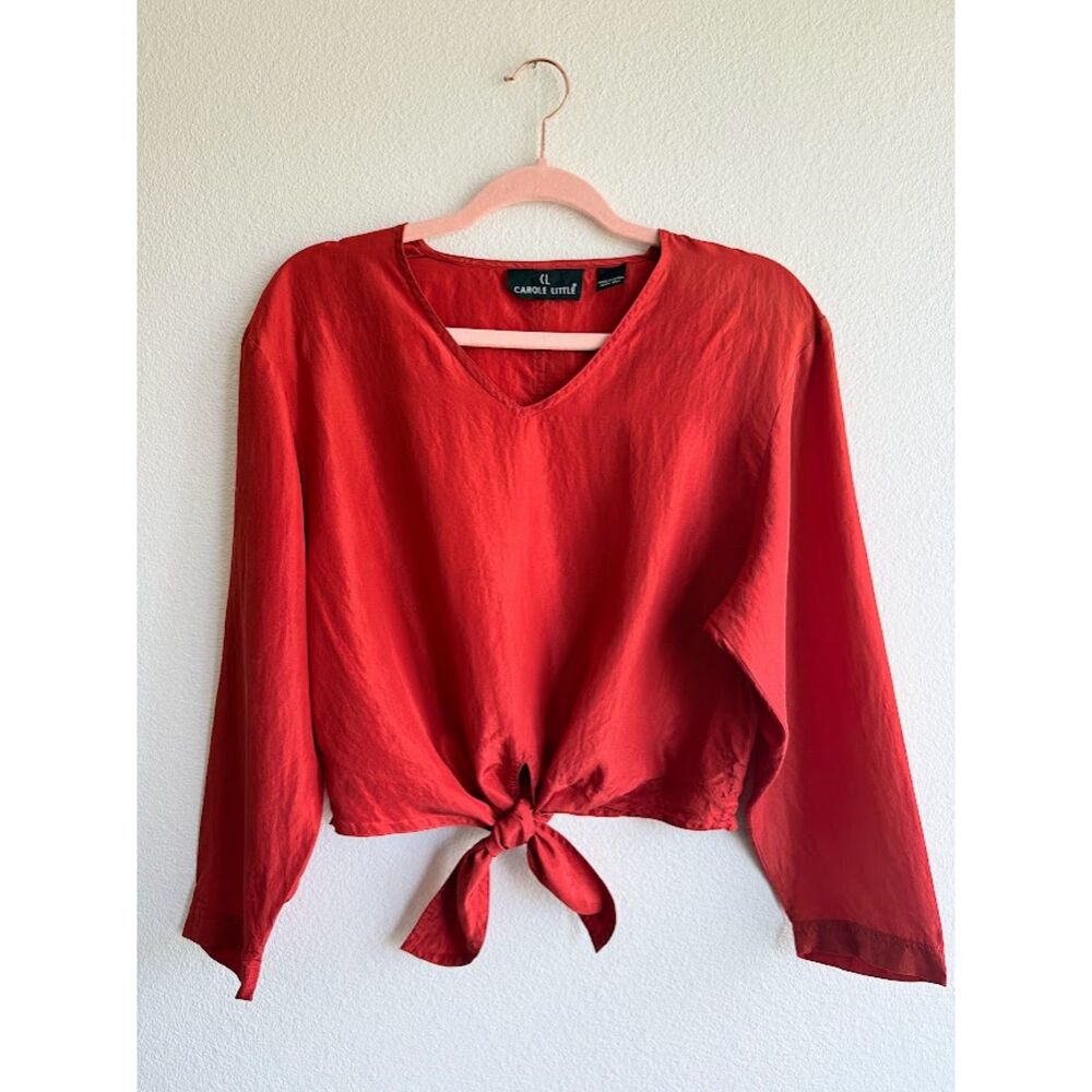 Vintage 80's Carole Little 100% Silk Tie Front 3/4 Sleeve Crop Top in Red size S